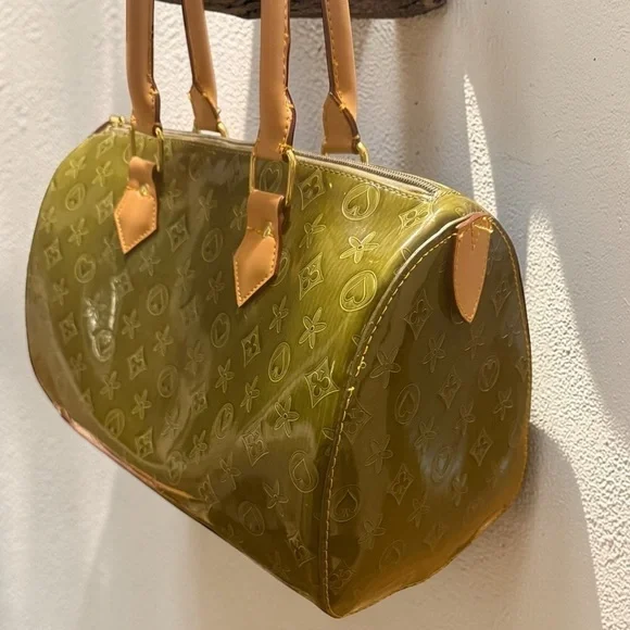 Vintage Olive Green Patent Monogram Satchel Speedy Style Y2K Glossy Handbag - Picture 4 of 16